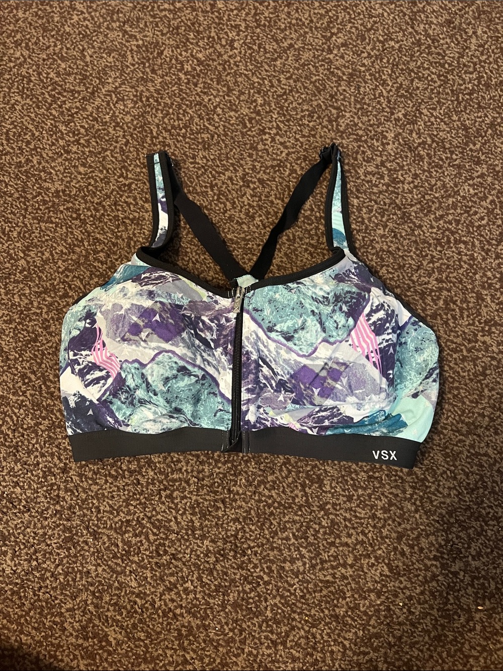VSX Front-Zip Sports Bra in Aqua, Purple and Black Marble Print